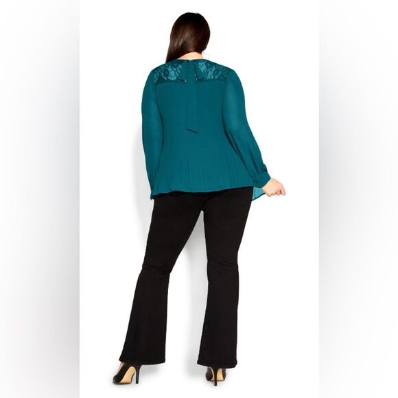 City Chic Lust After Top in Teal Size XXS/12 Pleated Lace With Back Bow Detail - Picture 3 of 13